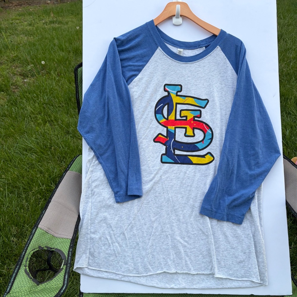 Next Level STL Logo Raglan Baseball Tee Mens XXL Blue Grey 3/4 Sleeve Shirt